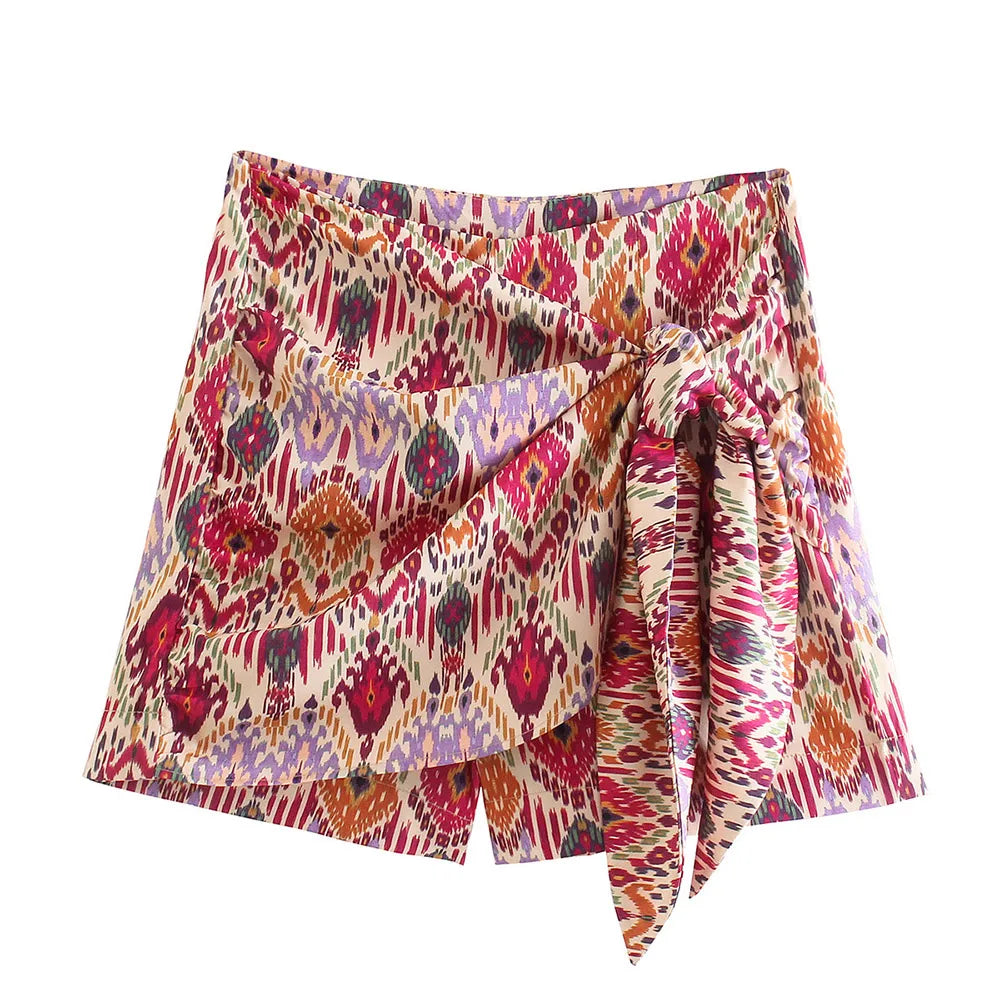 Trza moda feminina com totem atado impressão shorts saias vintage cintura alta zíper lateral saias femininas mujer