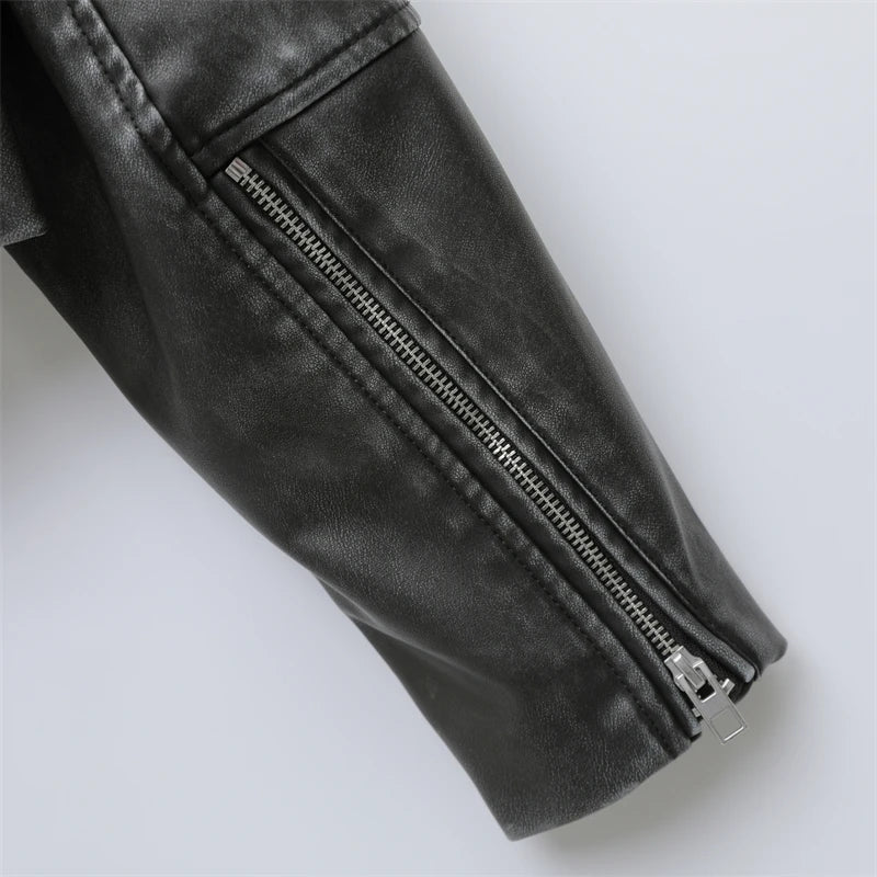 RARF 2024 feminino novo curto fazer efeito antigo imitação de couro jaqueta de motocicleta casaco de couro cinza lavado feminino