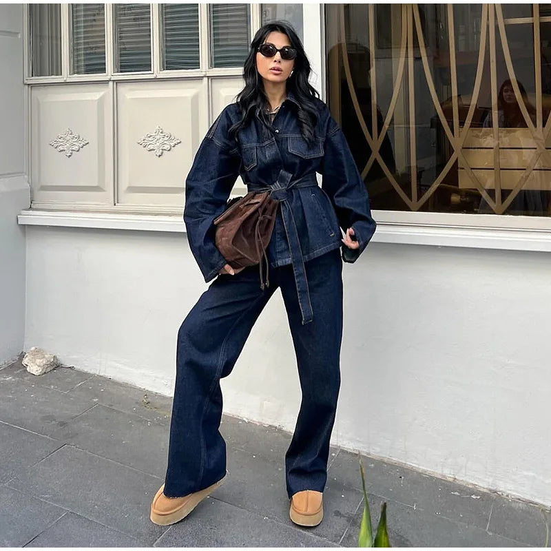 Vintage emendado denim jaqueta calças definir cinto feminino único breasted jaquetas bolsos jeans retos 2025 primavera senhora rua outfit