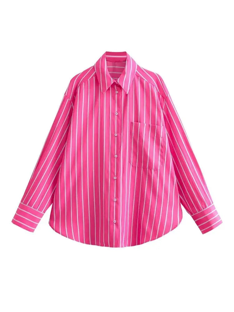 TRAF Camisa de verão Feminina com Lapela Reta e Peito Único Camisa Solta Moda Popular Decoração de Riscas Bolso Camisa Solta Fina