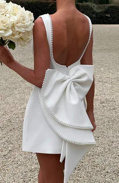 Elegante pérola arco sem costas vestido curto feminino o pescoço mini vestidos de noite preto branco rosa chique verão novo casamento convidado 2025