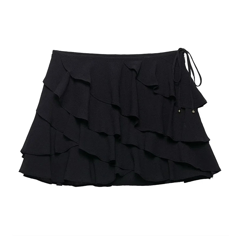 Willshela moda feminina 2 peça conjunto preto babados rendas até colete com decote em v & saias com zíper lateral do vintage shorts feminino chique conjunto