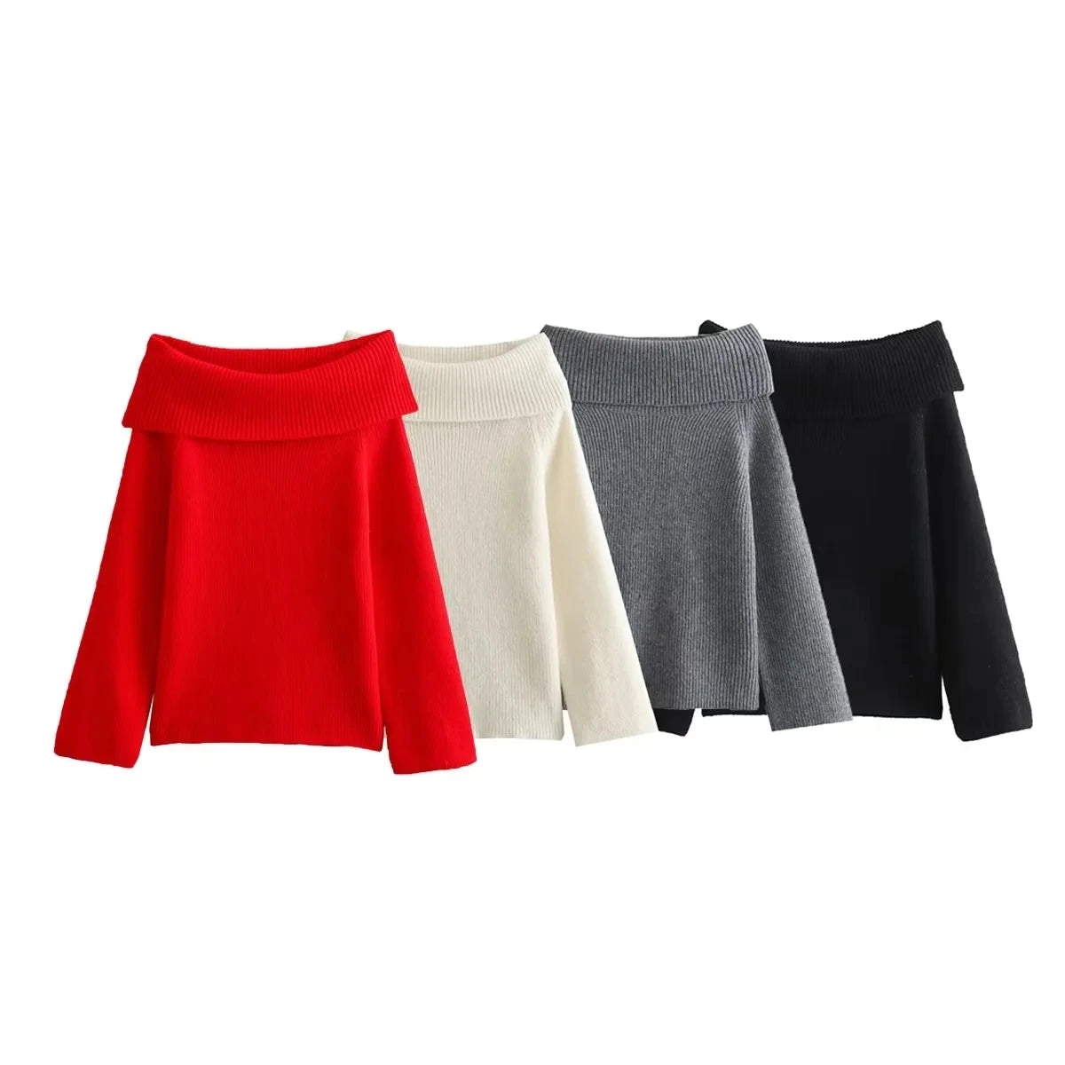 Trafza moda feminina sólida fora do ombro camisola de manga longa pulôver de malha camisola outono feminino casual malhas chique topo