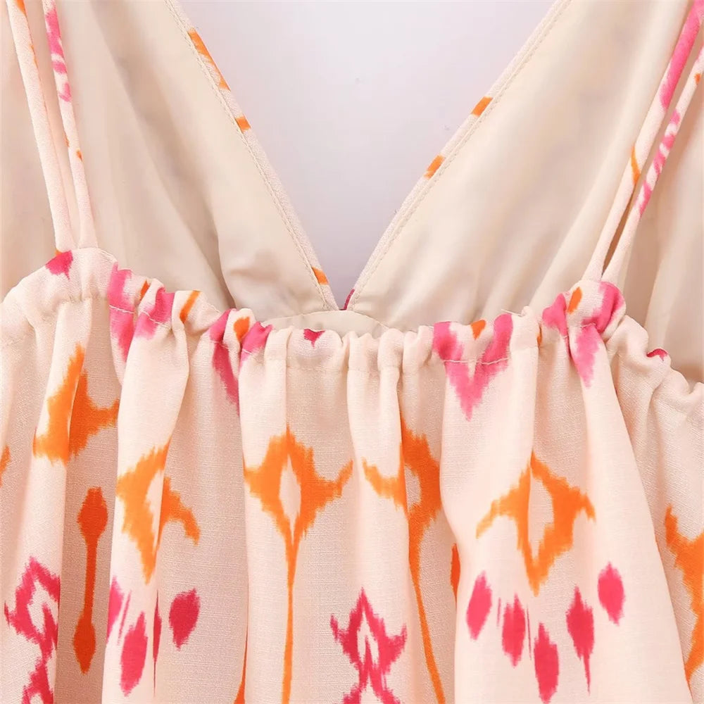 Unizera outono nova moda feminina versátil sexy com decote em v sem mangas bordado frisado impressão curto topo