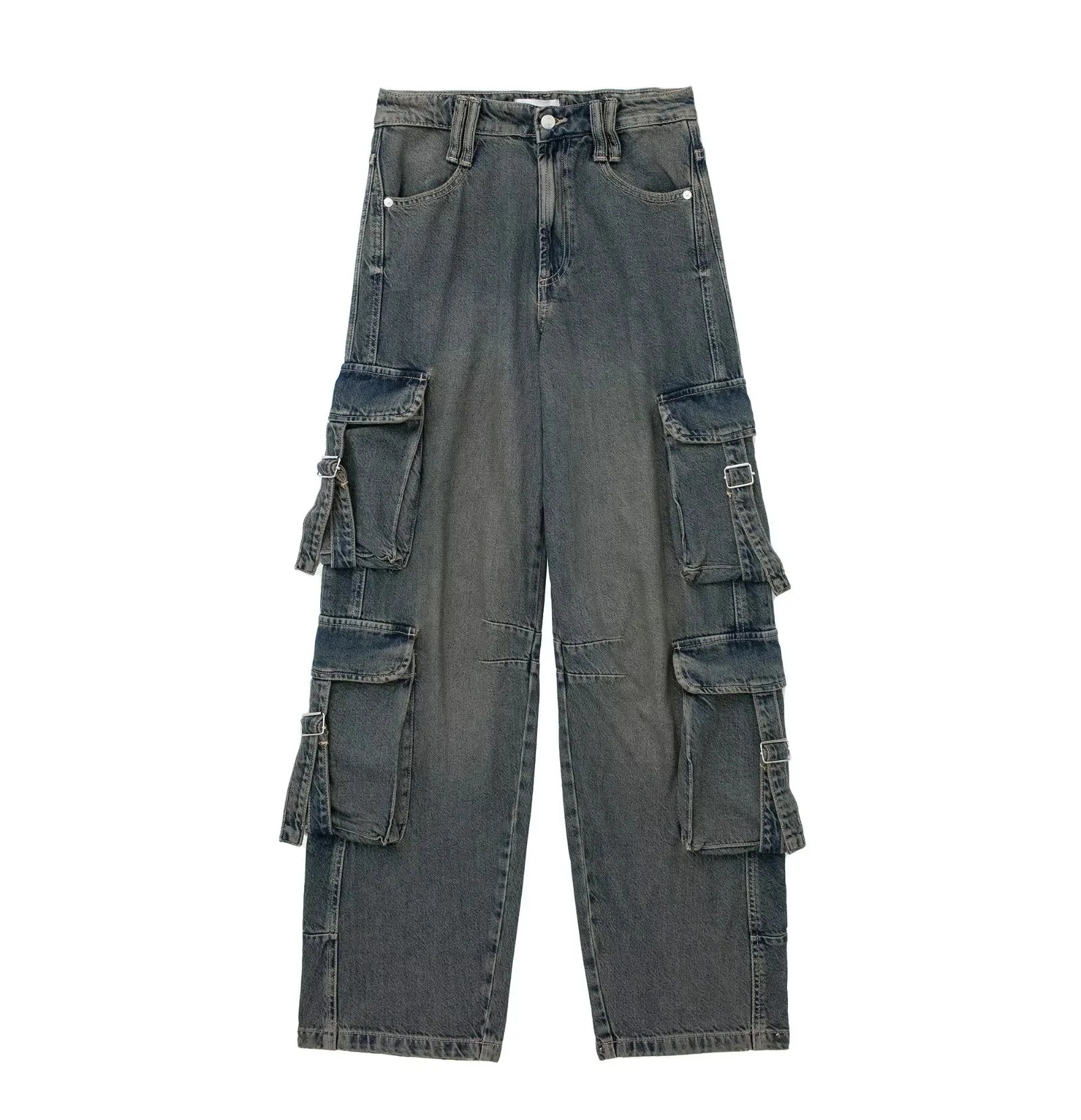 2023 primavera outono mulher bolso workwear denim carga calças compridas moda meados de cintura vintage casual rua calças soltas