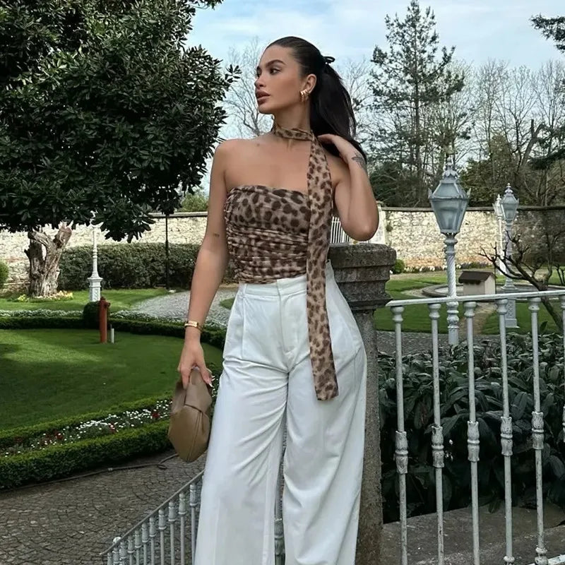 Muyer 2025 tule colheita topo feminino leopardo impressão ruched tubo topos para mulher sexy sem costas halter topo feminino fora do ombro verão topo