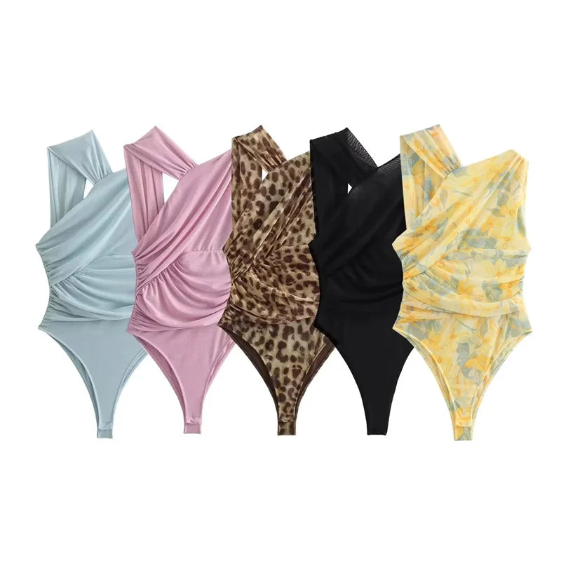 Muyer 2025 leopardo impressão malha bodysuit feminino fora do ombro tule sexy mulher bodys sem mangas apertado bodysuit lingerie verão topos