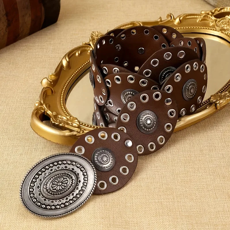 1pc estilo vintage feminino falso cinto de plutônio com fivela de rebite oval cintura vintage cintos personalizados