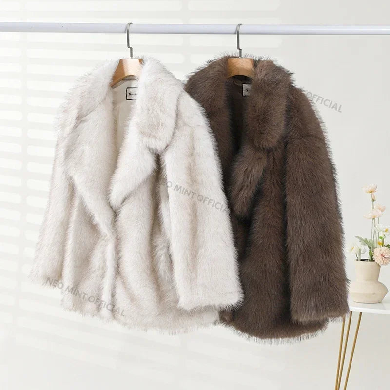 Neo mint 2024 inverno ins moda quente meninas oversized gradiente casaco de pele feminino grosso quente outerwear fofo falso pele de raposa jaqueta