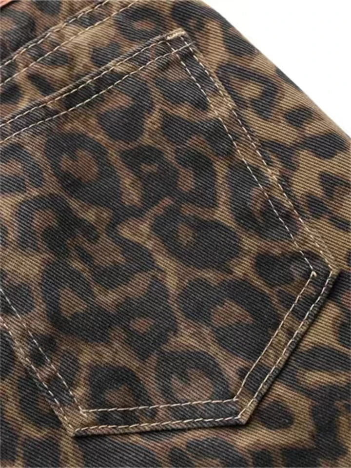 Tan leopardo jeans feminino calças jeans feminino oversize perna larga streetwear hip hop roupas vintage solto casual
