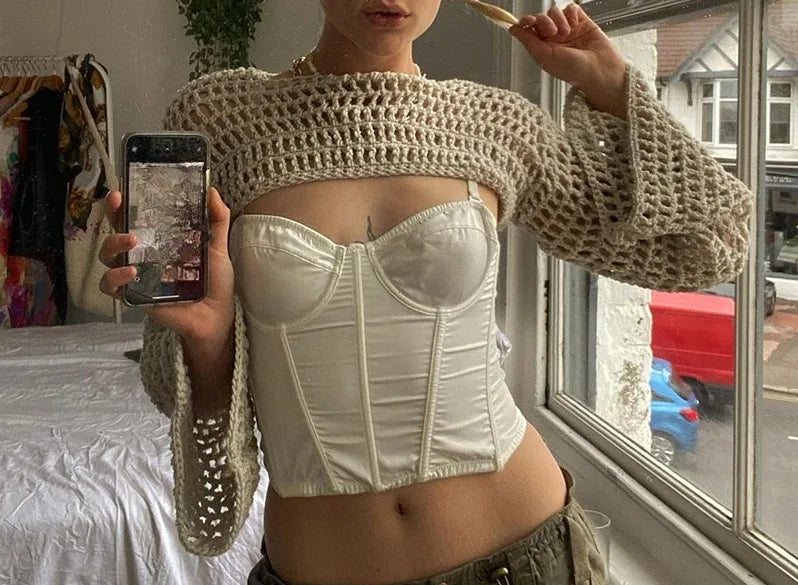 Verão crochê malha oco para fora colheita topo feminino y2k sexy blusa camisas manga longa queimado camisola cobrir ups streetwear pullovers