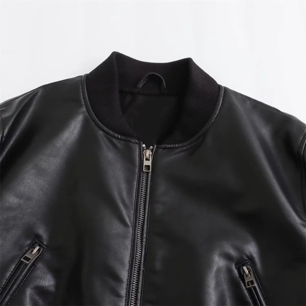 Unizera2023 outono e inverno nova moda feminina versátil curto motocicleta falso couro piloto jaqueta casaco de couro