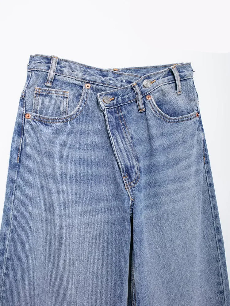 TRAF Calças de ganga básicas para mulher New Fashion Asymmetric Design High Waist Wide Leg Trousers Calças de ganga casuais de perna direita para mulher