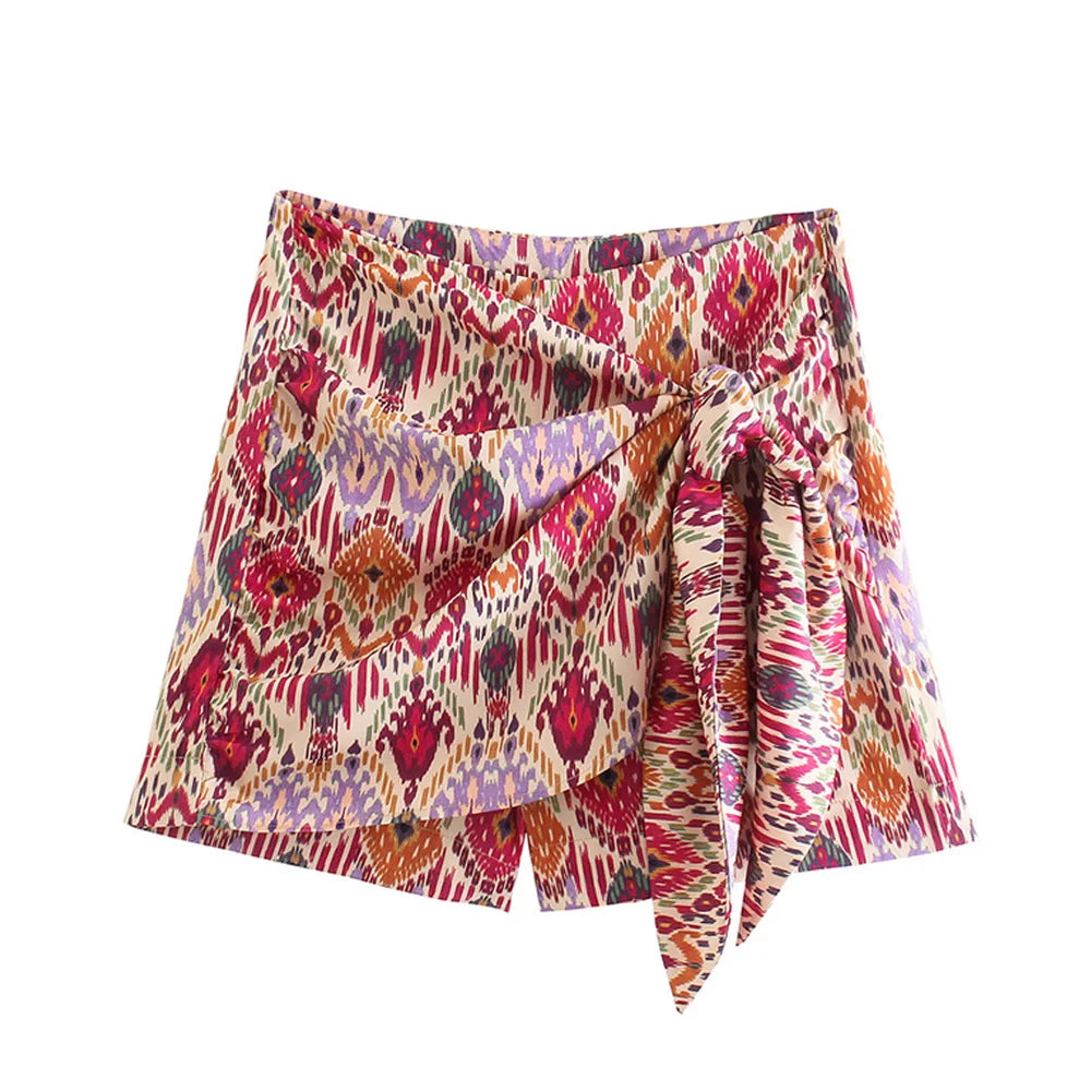 Trza moda feminina com totem atado impressão shorts saias vintage cintura alta zíper lateral saias femininas mujer