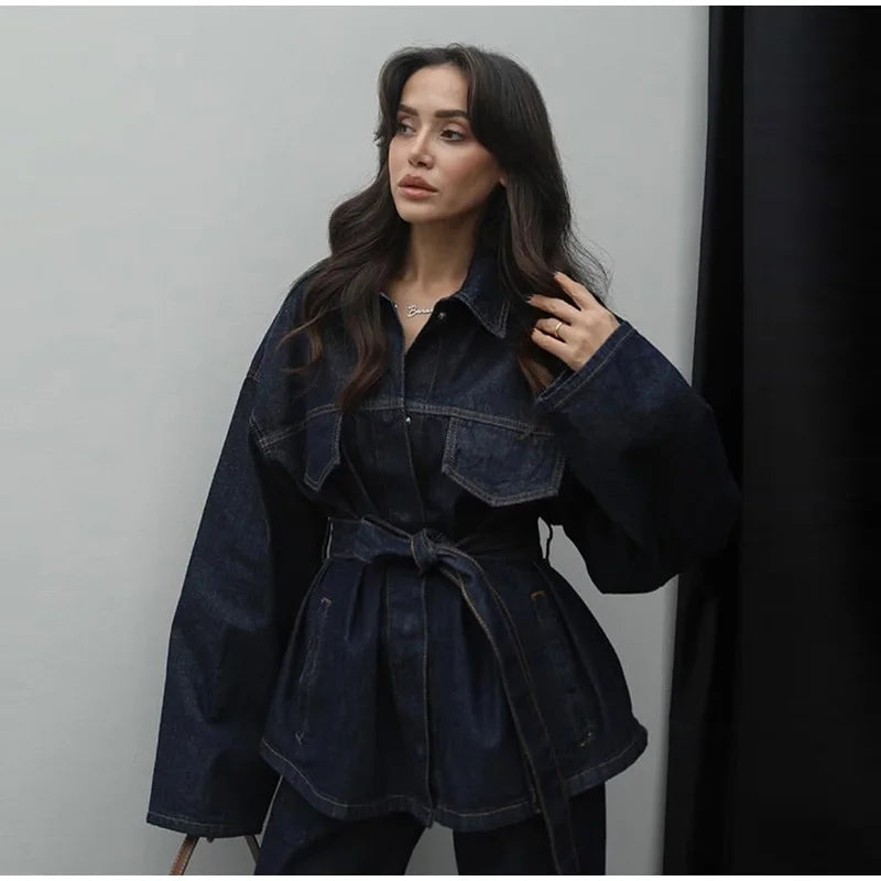 Vintage emendado denim jaqueta calças definir cinto feminino único breasted jaquetas bolsos jeans retos 2025 primavera senhora rua outfit