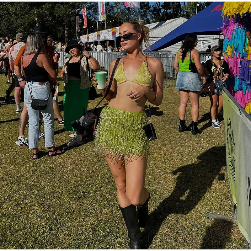 Sexy praia borla saias outfits feminino lantejoulas sem costas sem mangas brilhante ibiza define feminino 2025 primavera verão chique festival terno