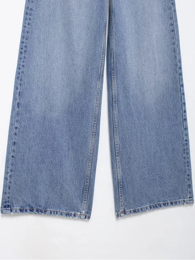 TRAF Calças de ganga básicas para mulher New Fashion Asymmetric Design High Waist Wide Leg Trousers Calças de ganga casuais de perna direita para mulher