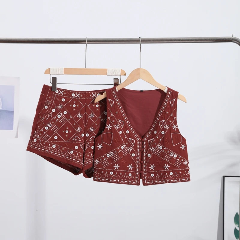 Casual bordado colete shorts outfits feminino com decote em v único breasted mini calças ternos feminino 2025 primavera verão novos conjuntos chiques senhora