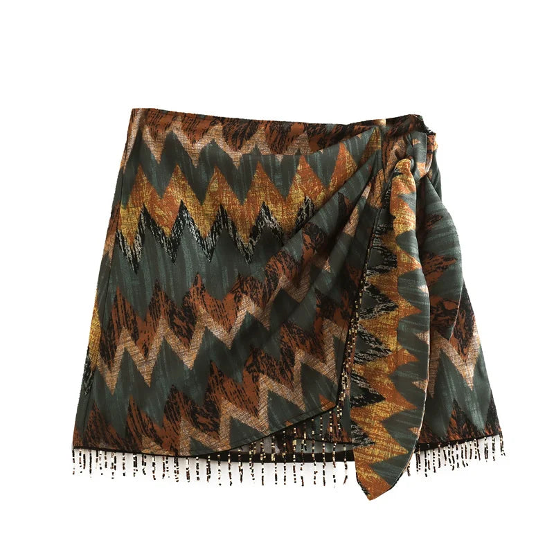 Keyanketian novo vintage impressão geométrica mini saia atada sarong frisado franja envoltório vestidos casuais zip curto skort mujer