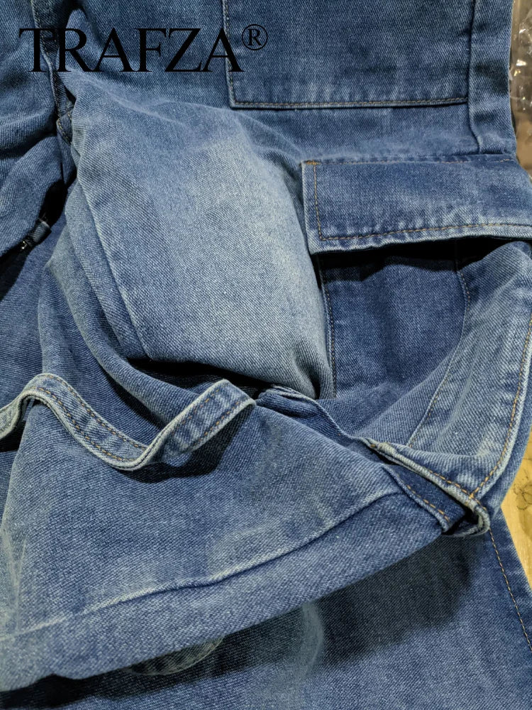 Trafza 2023 outono moda casual sólido calças de cintura alta feminino denim calças de perna larga y2k jeans feminino calças de carga longa jeans