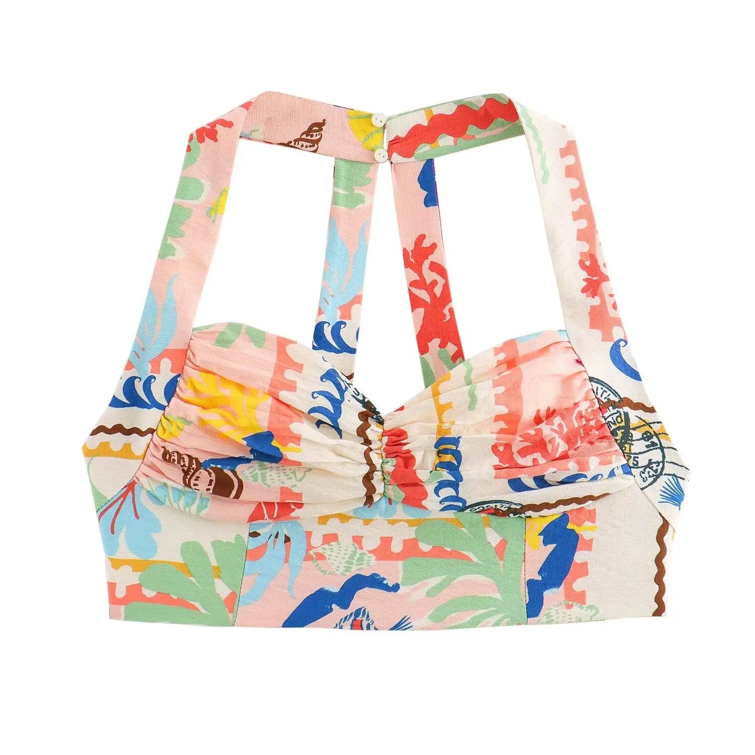 Trafza feminino 2 peças conjunto sexy sem mangas sem costas impressão botões mini estilingue topo + elegante botões de cintura alta praia midi saia