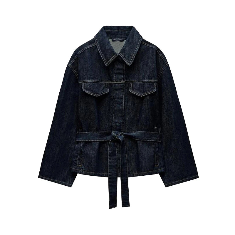 Vintage emendado denim jaqueta calças definir cinto feminino único breasted jaquetas bolsos jeans retos 2025 primavera senhora rua outfit