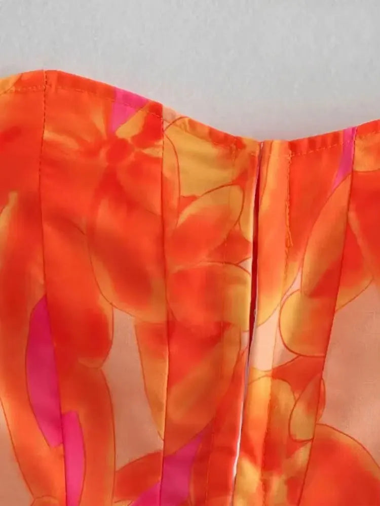 Trza moda feminina frente ganchos de metal impresso bustier topos e cintura alta com arco amarrado mini saia feminina conjuntos de duas peças mujer