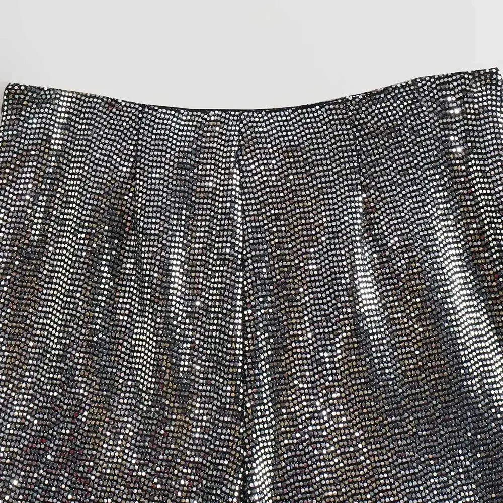 TRZA – Saias femininas com lantejoulas e nó, cintura alta, zíper lateral, saia curta feminina, moda