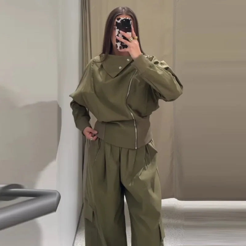 Calças de carga ternos femininos high street vintage solto lapela mangas compridas define feminino 2025 primavera nova moda conjuntos com zíper 2 peças
