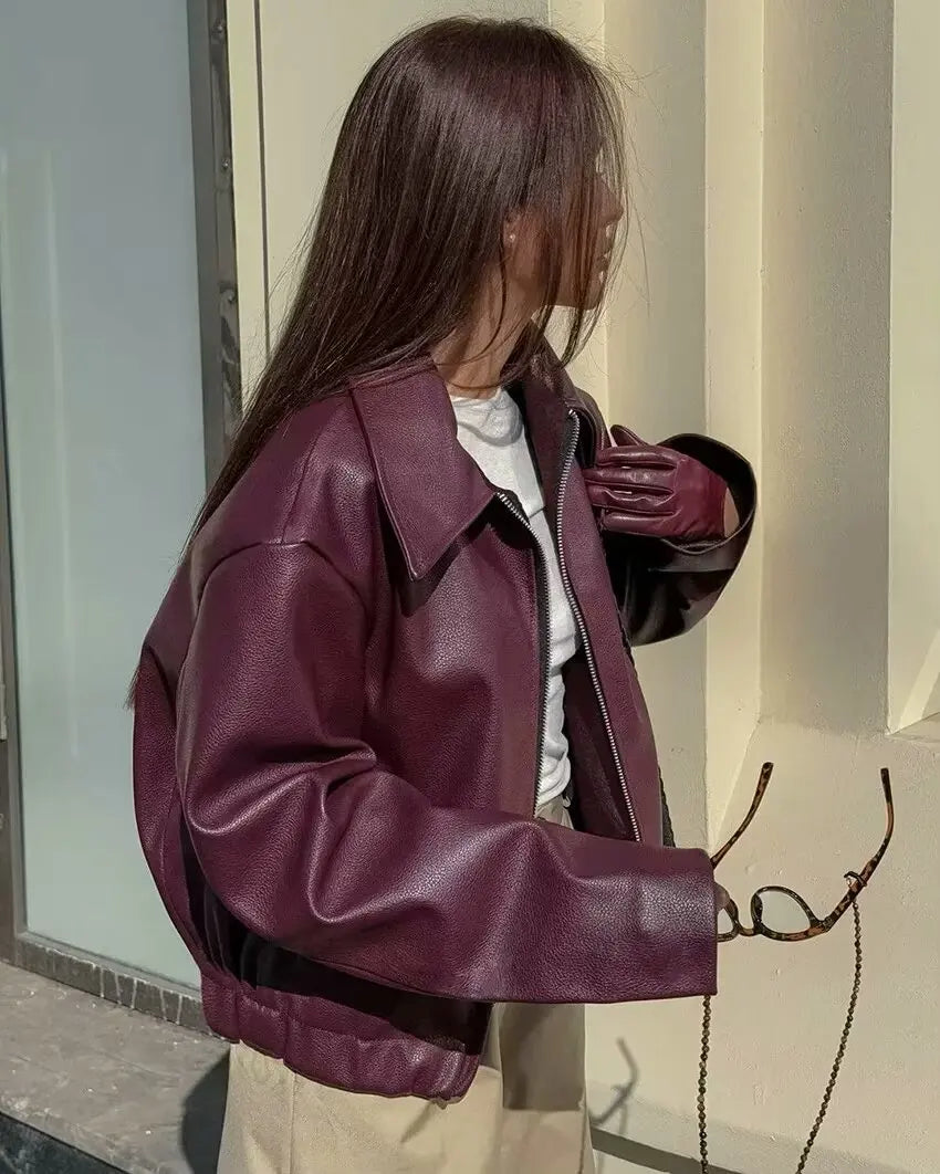 Trafza vinho vermelho couro falso jakcet moda outerwear engrossar zíper lapela casacos do plutônio outono inverno streetwear senhoras topos feminino