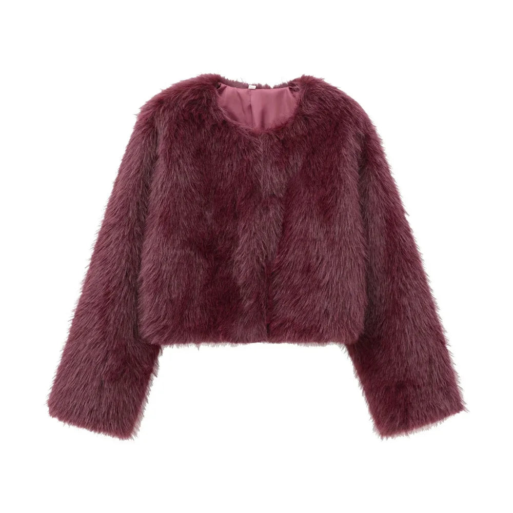 TRZA – Jaqueta feminina grossa e quente de pele sintética, gola redonda, manga comprida, agasalhos femininos, tops chiques, moda