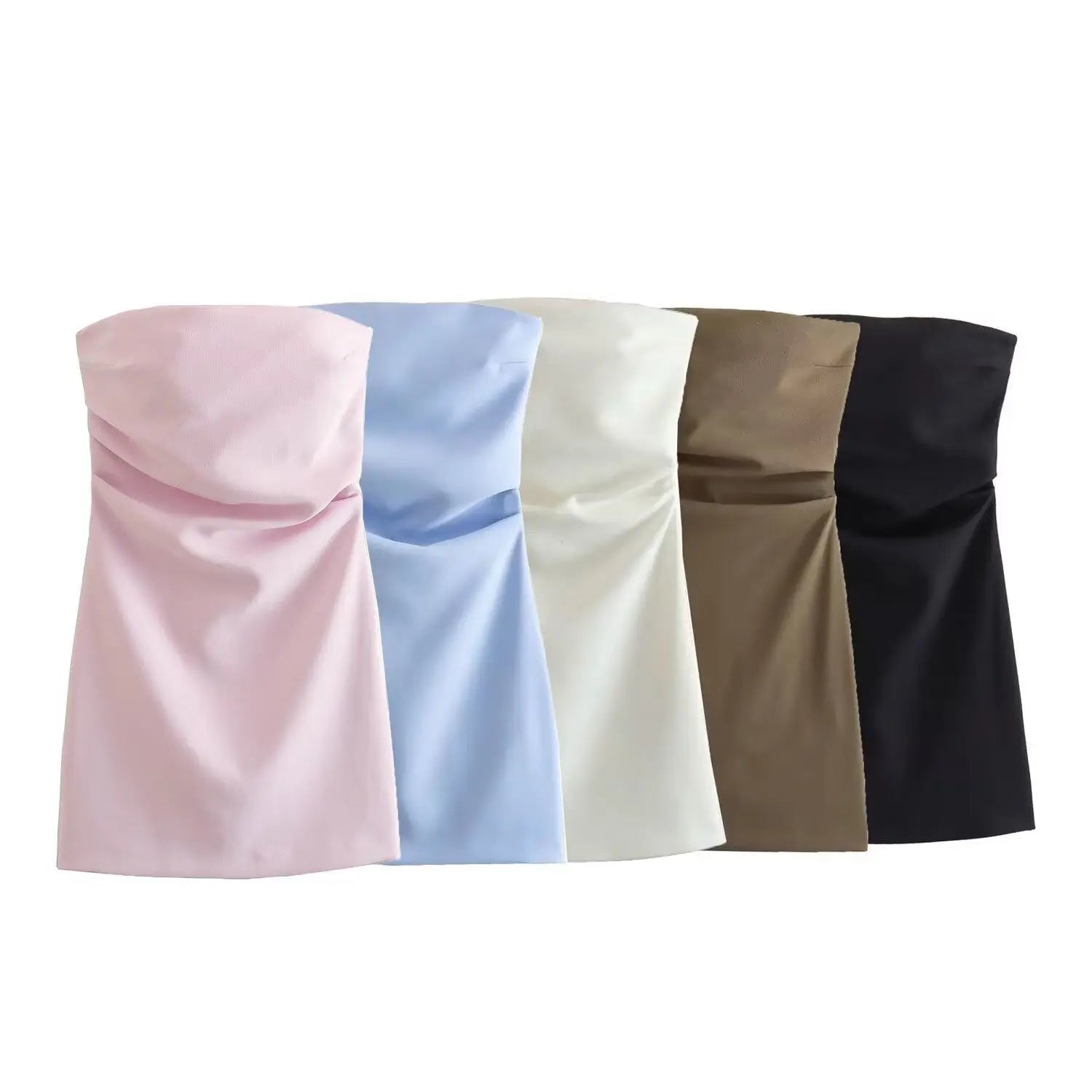 Traf moda feminina sexy voltar zíper cor sólida plissados sem alças mini vestido chique feminino sem mangas vestidos de noite mujer