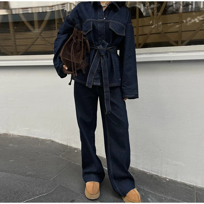 Vintage emendado denim jaqueta calças definir cinto feminino único breasted jaquetas bolsos jeans retos 2025 primavera senhora rua outfit