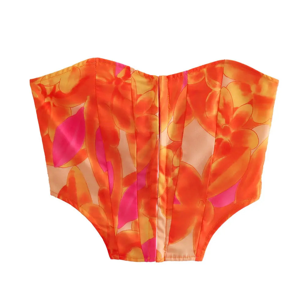 Trza moda feminina frente ganchos de metal impresso bustier topos e cintura alta com arco amarrado mini saia feminina conjuntos de duas peças mujer