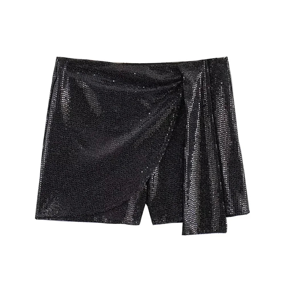 TRZA – Saias femininas com lantejoulas e nó, cintura alta, zíper lateral, saia curta feminina, moda