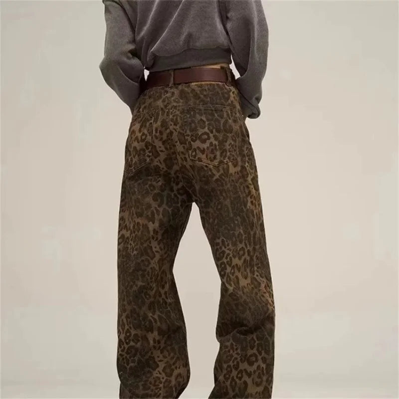 Tan leopardo jeans feminino calças jeans feminino oversize perna larga streetwear hip hop roupas vintage solto casual