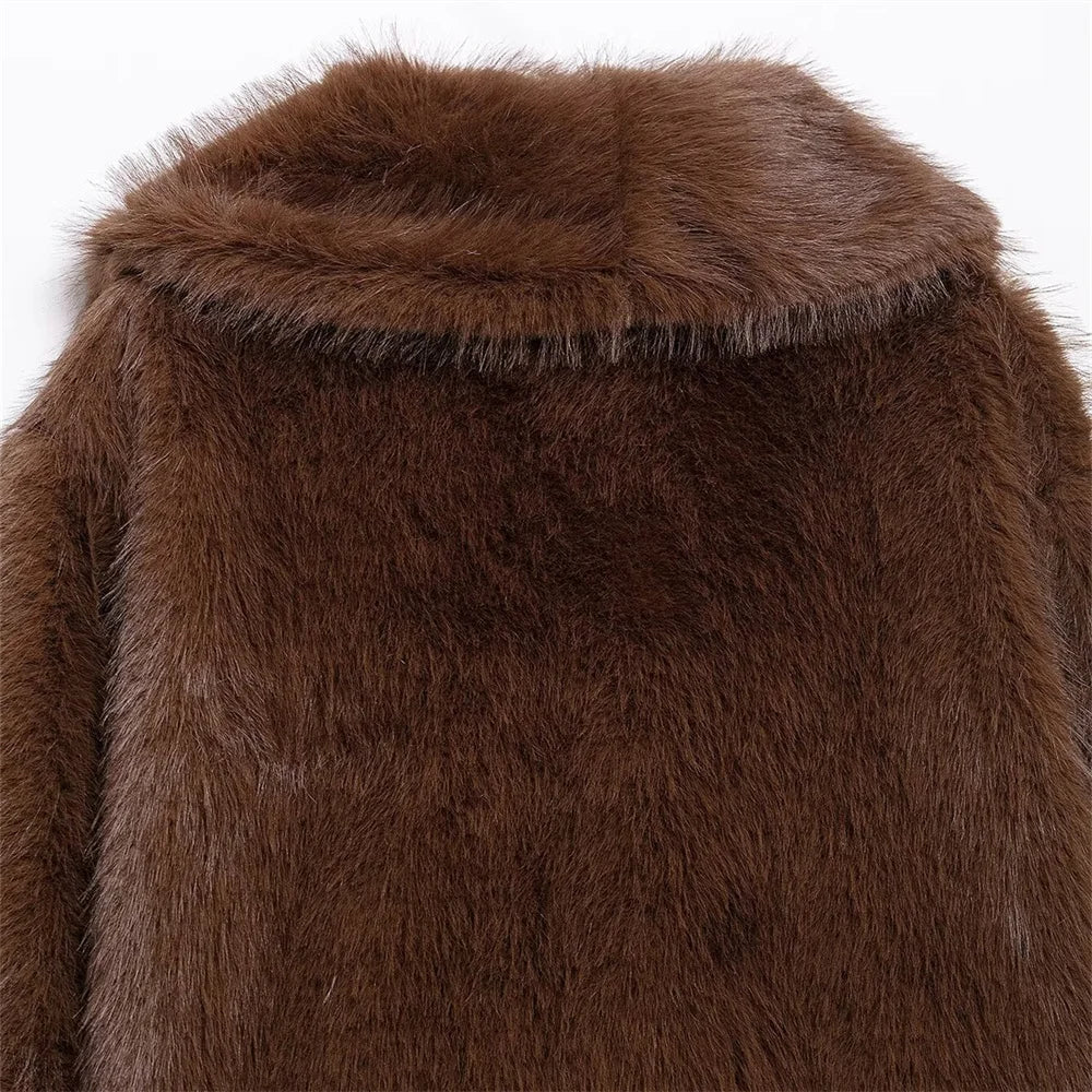 Uniza casaco curto de pele solta de cor sólida outono e inverno novo item lapela manga comprida casaco quente para mulheres
