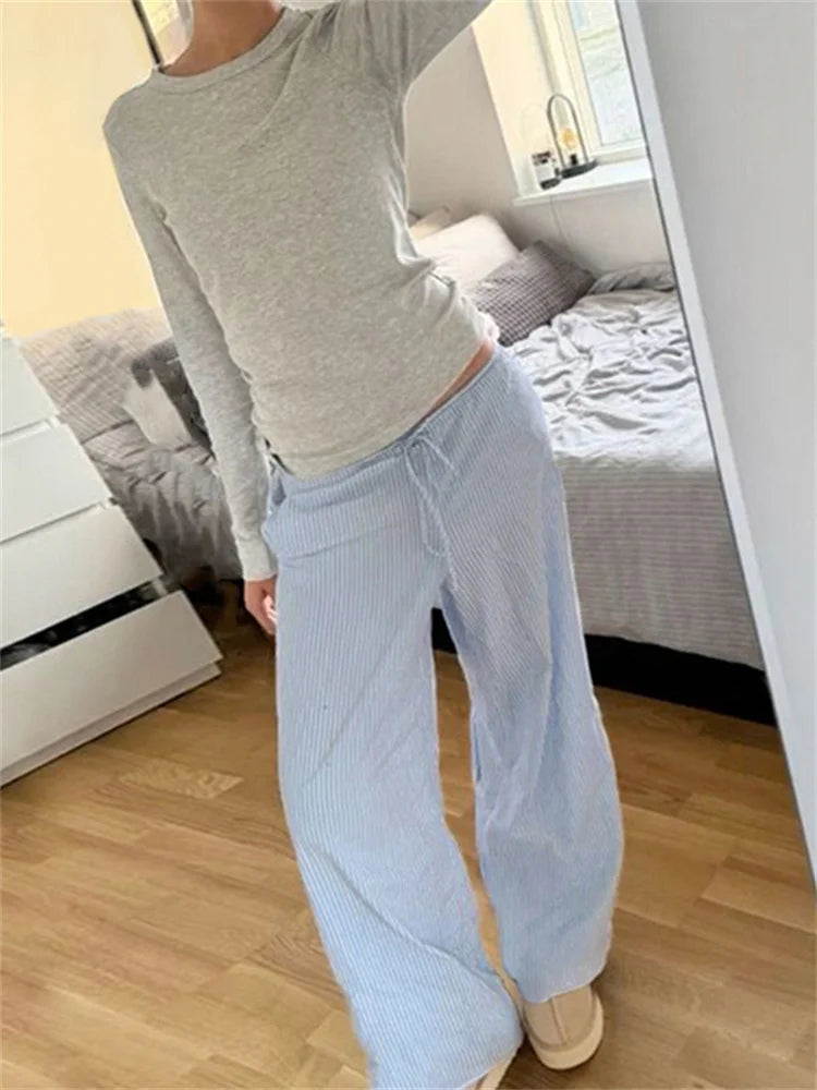 Cuteandpsycho streetwear listrado impressão calças soltas rendas corredores moda y2k calças largas básico estética 90s bonito bottoms
