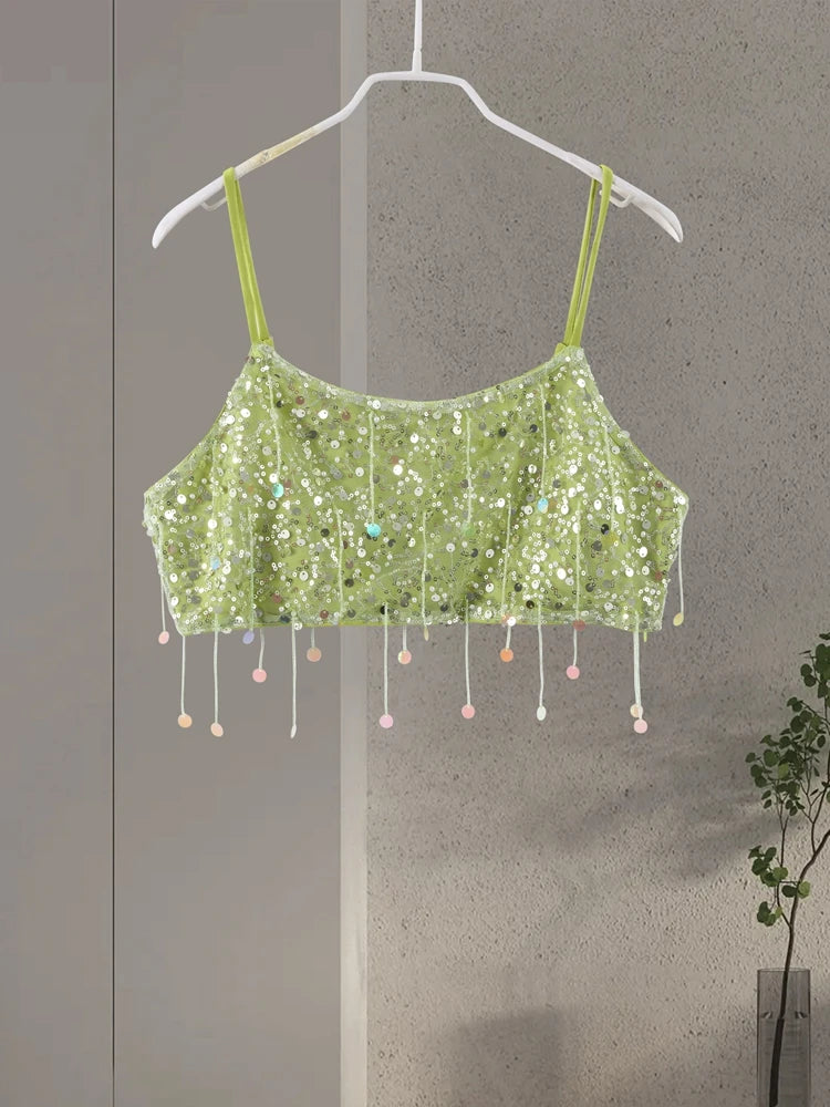 Sexy praia borla saias outfits feminino lantejoulas sem costas sem mangas brilhante ibiza define feminino 2025 primavera verão chique festival terno