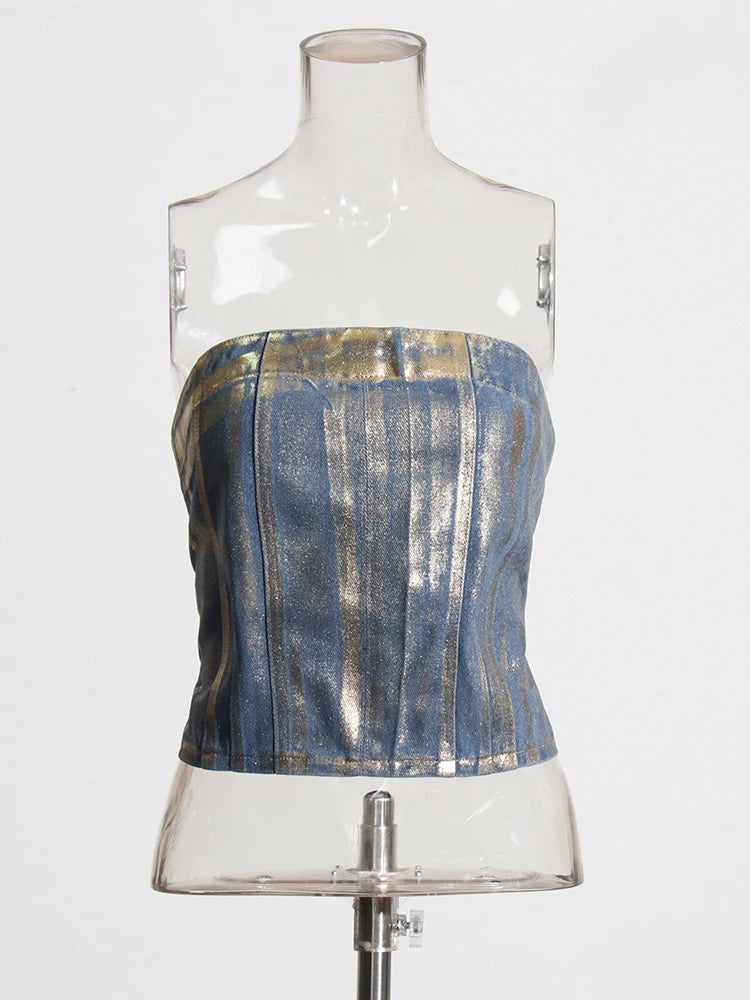 TWOTWINSTYLE-Mulheres de emagrecimento Denim Tank Tops, Patchwork Zipper, Sexy Strapless, sem mangas, sem encosto, coletes curtos, moda feminina