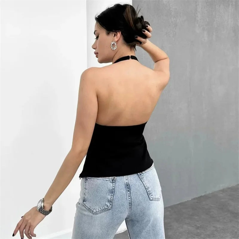 Muyer arco strass colheita topo feminino cortar preto branco sem mangas sem costas topo feminino fora do ombro sexy topos mulher verão
