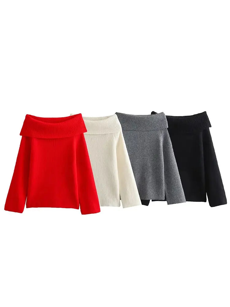 Trafza moda feminina sólida fora do ombro camisola de manga longa pulôver de malha camisola outono feminino casual malhas chique topo