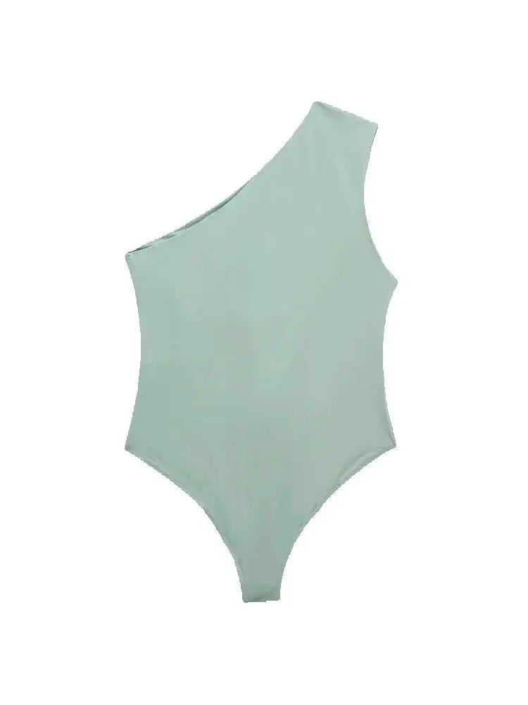 TRZA – Body assimétrico franzido feminino, um ombro, alças largas, botão de pressão, playsuits femininos, moda sexy