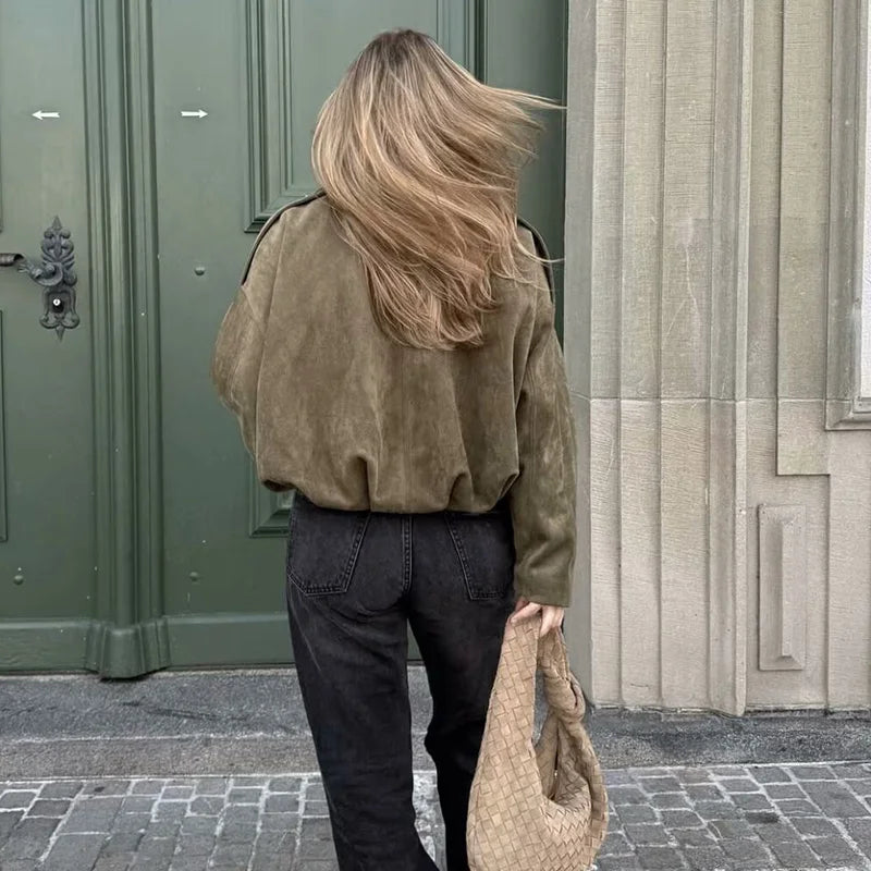 Rafznb jaquetas bomber femininas casacos moda gola virada para baixo manga longa casacos soltos vintage feminino outerwear chiques topos