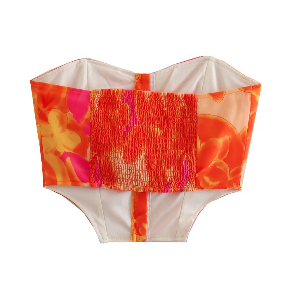 Trza moda feminina frente ganchos de metal impresso bustier topos e cintura alta com arco amarrado mini saia feminina conjuntos de duas peças mujer