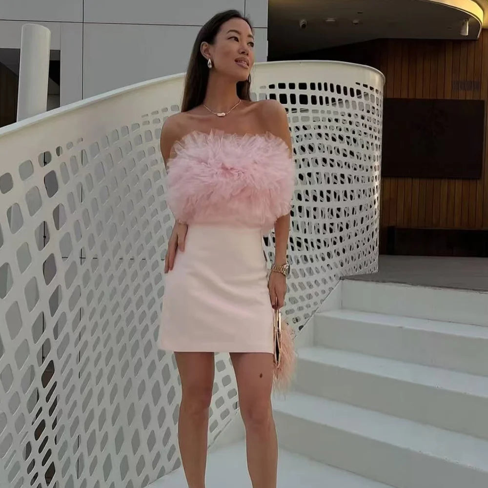 UNIZERA vestido feminino fofo de malha de seda sem alças com mini vestido decoração para primavera e verão novas roupas femininas
