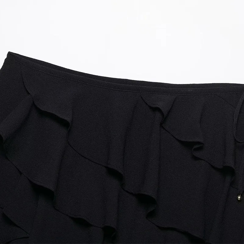 Willshela moda feminina 2 peça conjunto preto babados rendas até colete com decote em v & saias com zíper lateral do vintage shorts feminino chique conjunto
