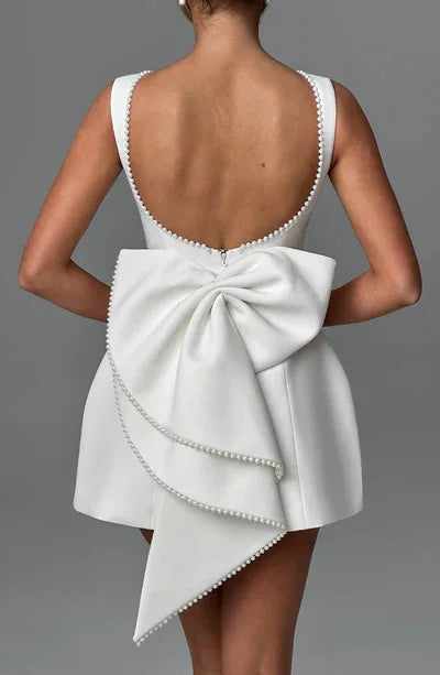 Elegante pérola arco sem costas vestido curto feminino o pescoço mini vestidos de noite preto branco rosa chique verão novo casamento convidado 2025