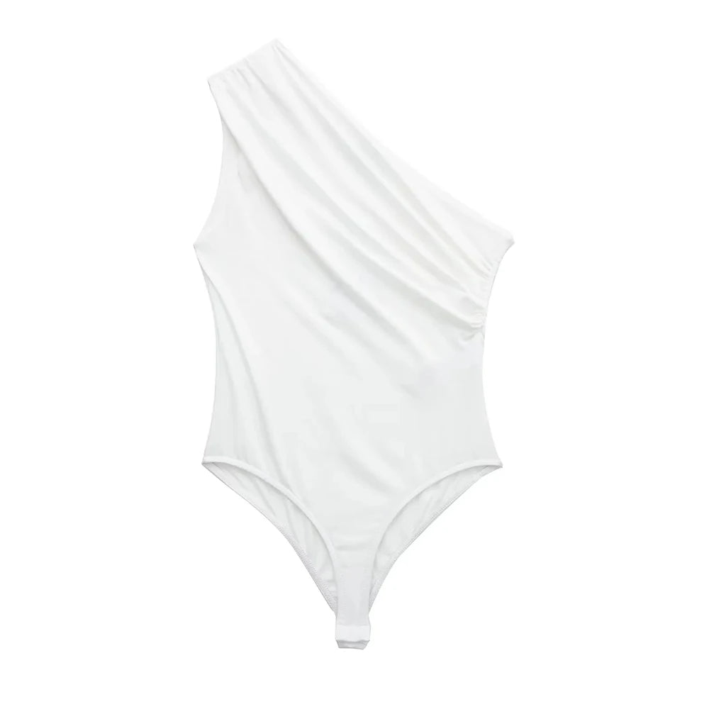 TRZA – Body assimétrico franzido feminino, um ombro, alças largas, botão de pressão, playsuits femininos, moda sexy