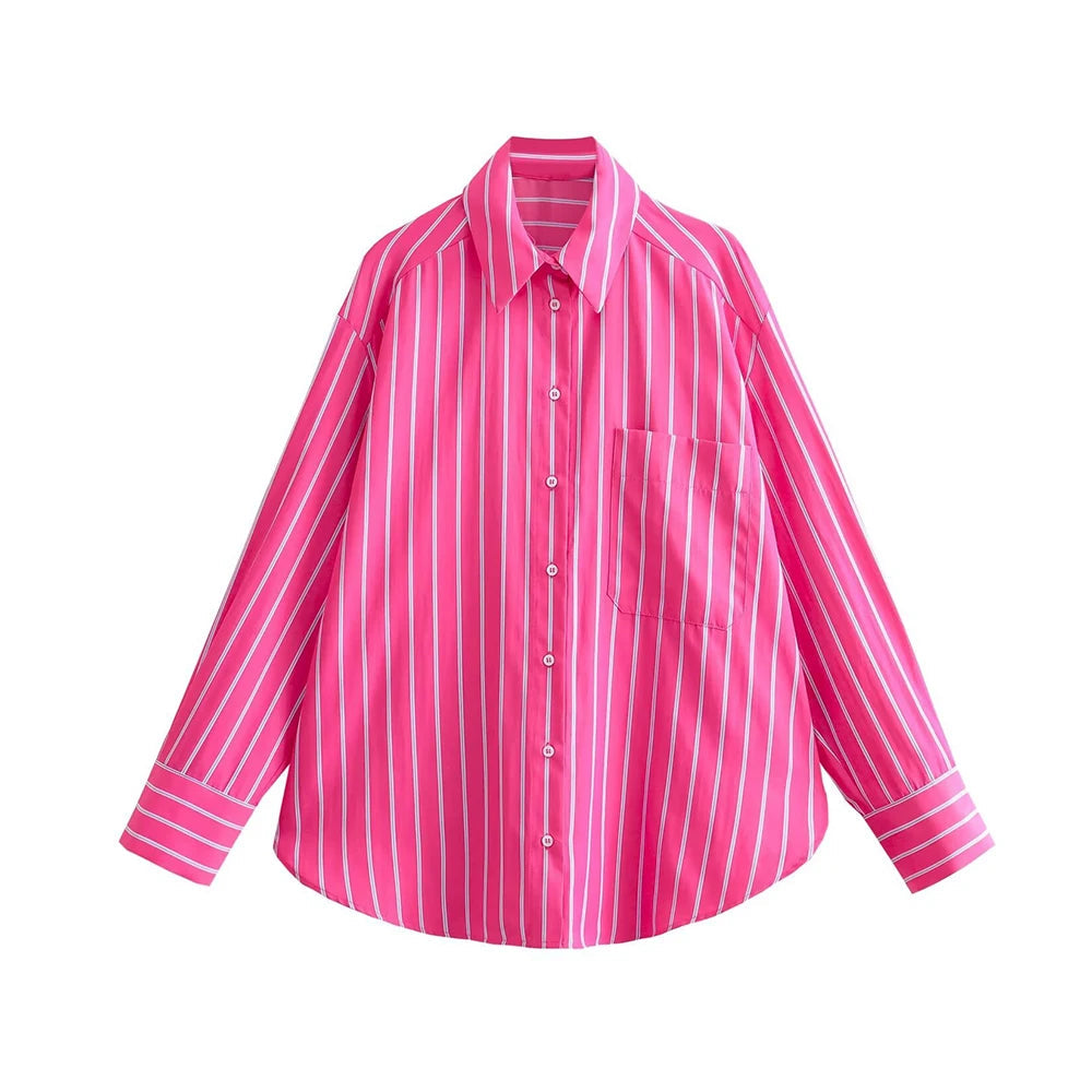 TRAF Camisa de verão Feminina com Lapela Reta e Peito Único Camisa Solta Moda Popular Decoração de Riscas Bolso Camisa Solta Fina